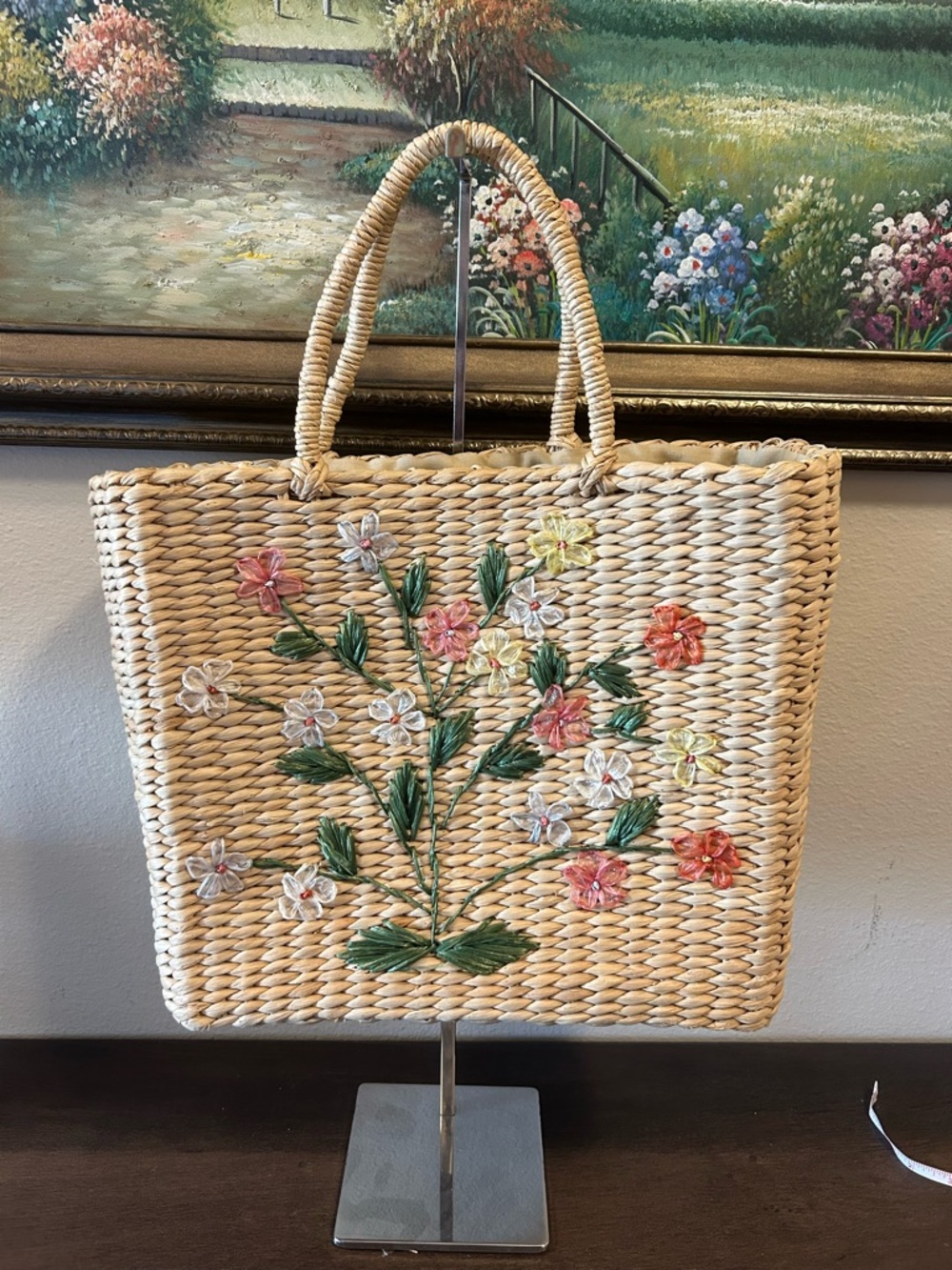 Handwoven Straw Floral Tote Bag in Natural